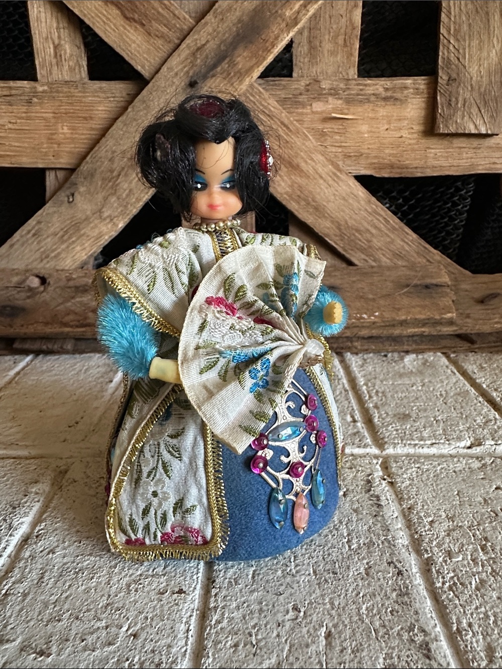 Vtg Styrofoam Beaded Sequin Push Pin Hand Made Doll Asian Dress  5"